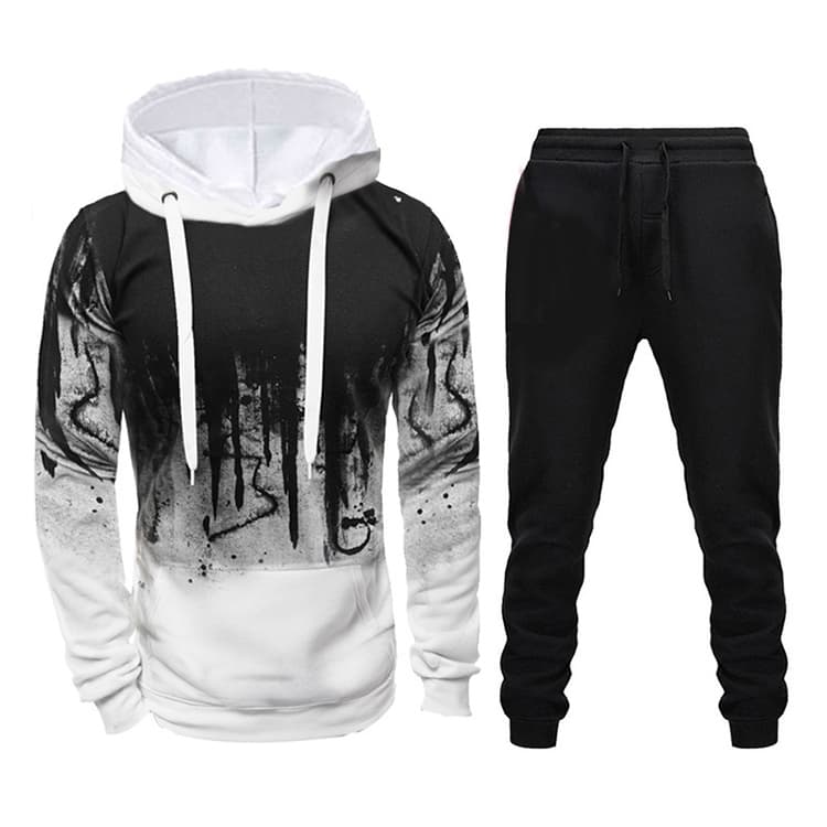 Men Loose Print Hoodie Sport Sweatshirt Set