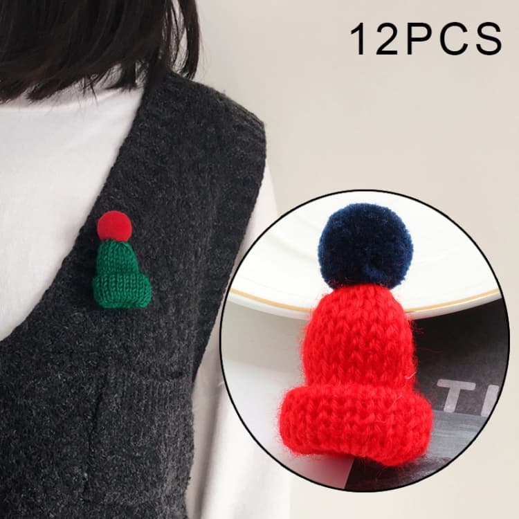 12PCS Cute Mini Knitted Hairball Hat Brooch Sweater Pins Badge(Red)