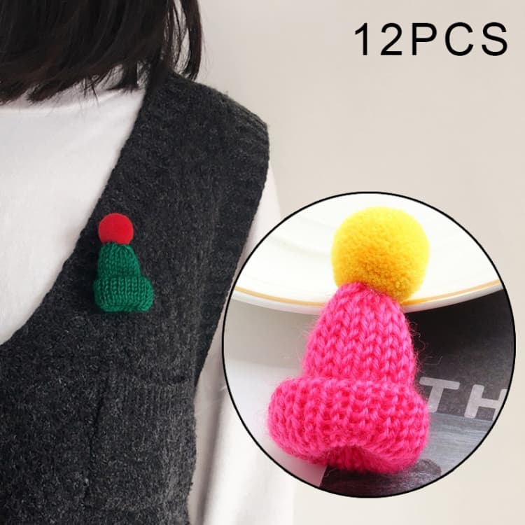 12PCS Cute Mini Knitted Hairball Hat Brooch Sweater Pins Badge(Rose red)