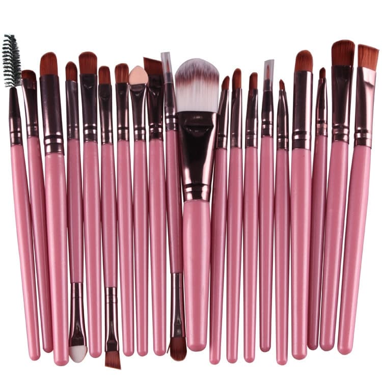 Set di 20 pezzi di pennelli per trucco con manico in legno, strumenti di bellezza (marrone+rosa)