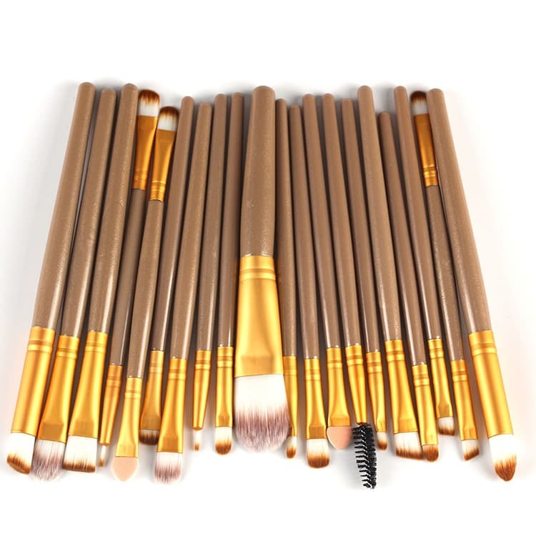 Set di 20 pennelli per trucco con manico in legno, strumenti di bellezza (oro+marrone)