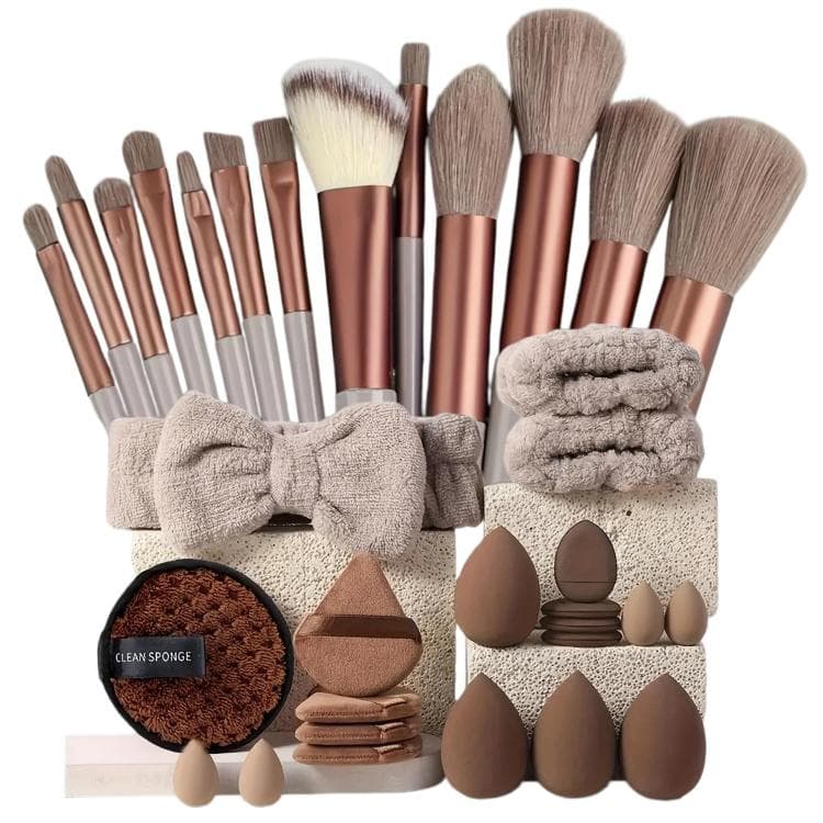 Set da 33 pezzi di spugnette per la pulizia del viso e set di strumenti per il trucco, colore: Marrone