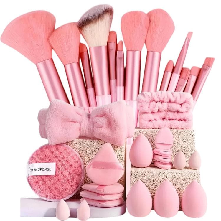 Set da 33 pezzi di spugnette per la pulizia del viso e set di strumenti per il trucco, Colore: Rosa