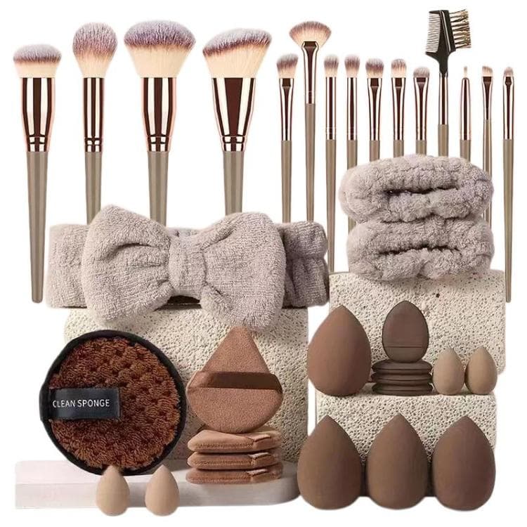Set da 35 pezzi di spugnette per la pulizia del viso e set di strumenti per il trucco, Colore: Marrone