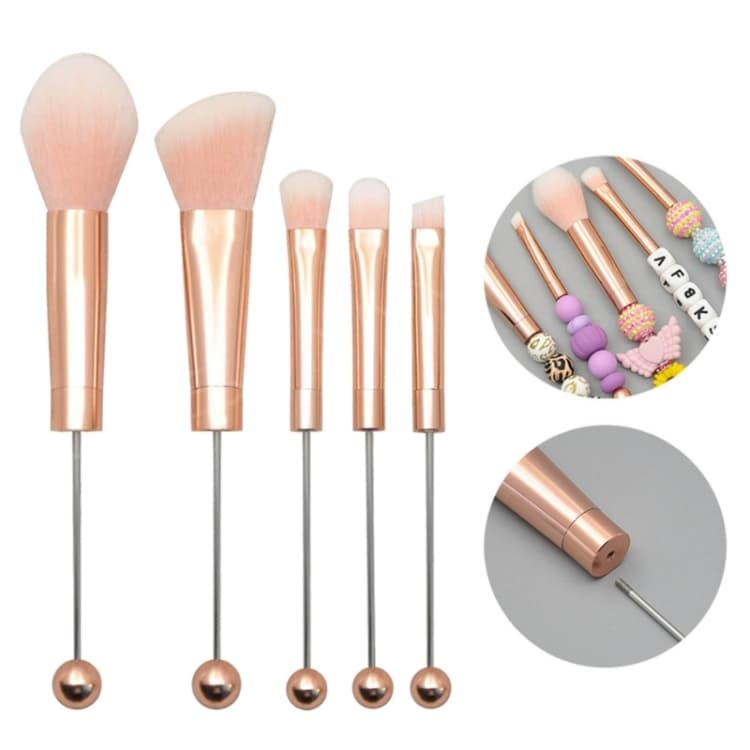 Set di pennelli per trucco 5 in 1 con manico in metallo fai da te con perline, per fard, cipria sciolta, ombretto obliquo, colore: oro rosa