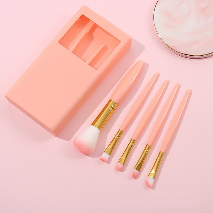 Set di pennelli per trucco portatile mini multifunzionale con specchio 5 in 1 (Rosa)