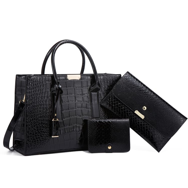 5168-1 3 In 1 Snakeskin Pattern Fashion Diagonal Handbag(Black)