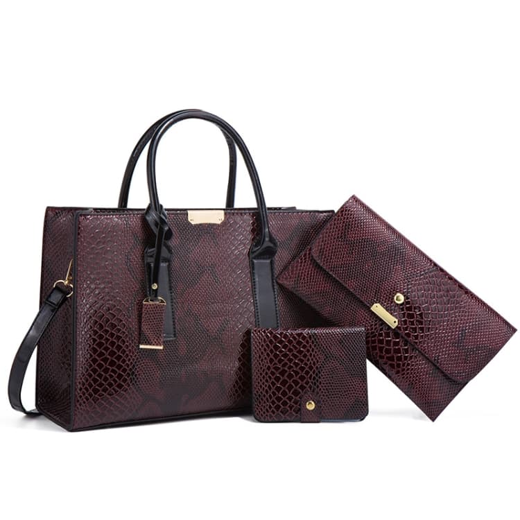 5168-1 3 In 1 Snakeskin Pattern Fashion Diagonal Handbag(Brown)