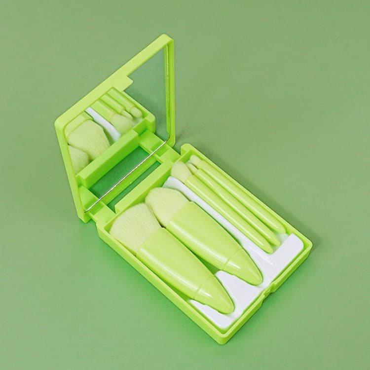 Set da 5 pezzi/Set medio di pennelli per trucco portatili con specchio, mini pennelli multifunzionali (verde fluorescente)
