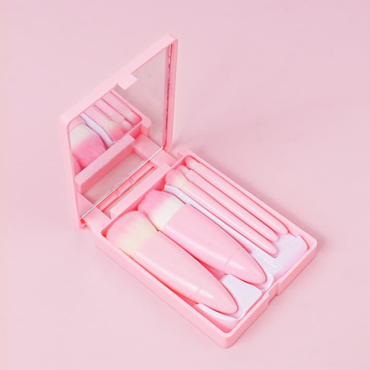 Set da 5 pezzi/Set medio di pennelli per trucco portatili con specchio, mini pennelli multifunzionali (rosa)