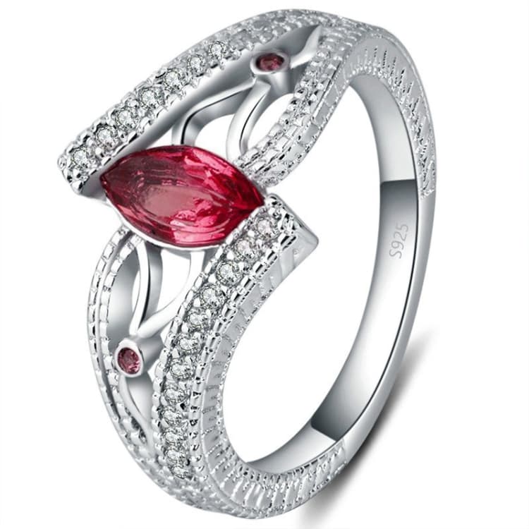 925 Sterling Silver Finger Rings Women Vintage Engagment Zircon Jewelry, Ring Size:6(Red)