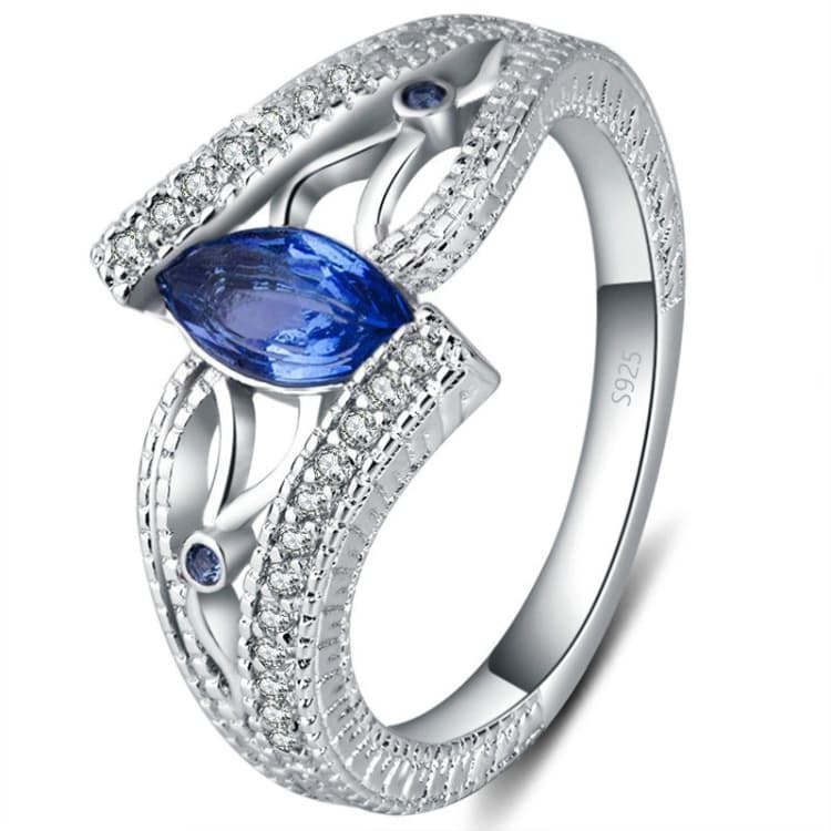 925 Sterling Silver Finger Rings Women Vintage Engagment Zircon Jewelry, Ring Size:7(Blue)