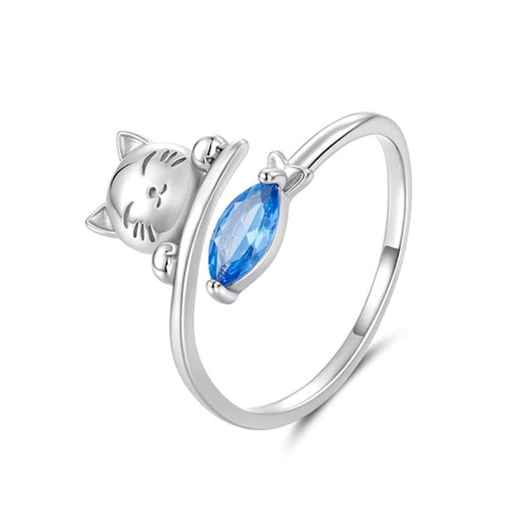 Copper-plated White Gold Cat Eating Fish Cute Open Ring(YIR307-E)
