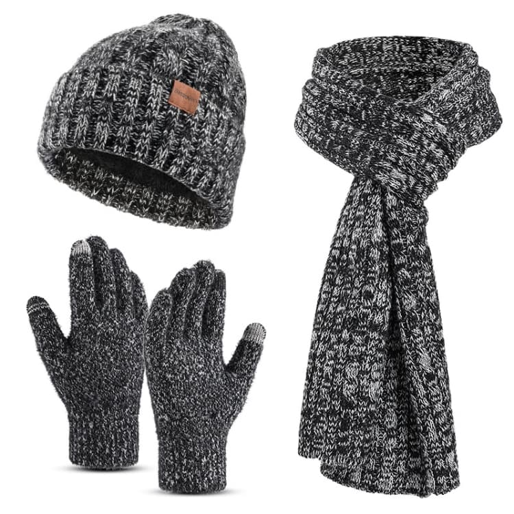 Couple Winter Hat Scarf Gloves 3 In 1 Set Thick Wool Knitted Warm Set(Black)
