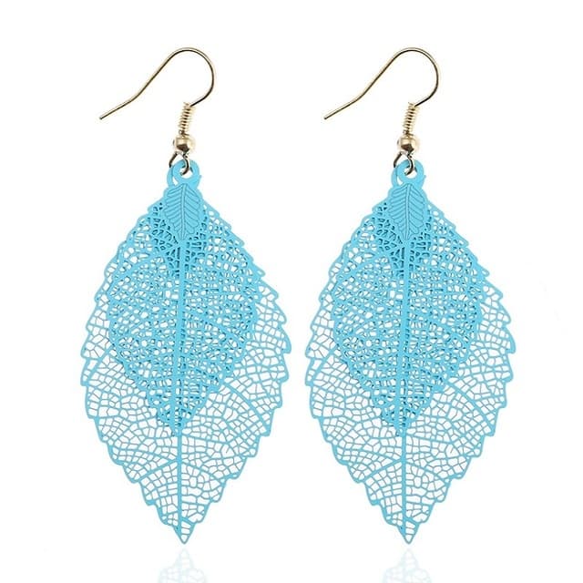 Orecchini a foglia doppia con nappe, semplici e retrò, ornamenti metallici a forma di foglia (Blu)