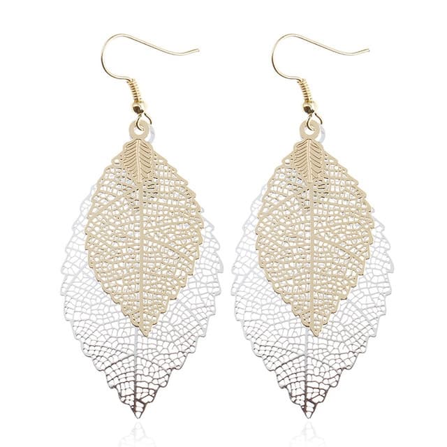 Orecchini a foglia doppia con nappe, semplici retrò in metallo, ornamenti per orecchie (Oro Argento)