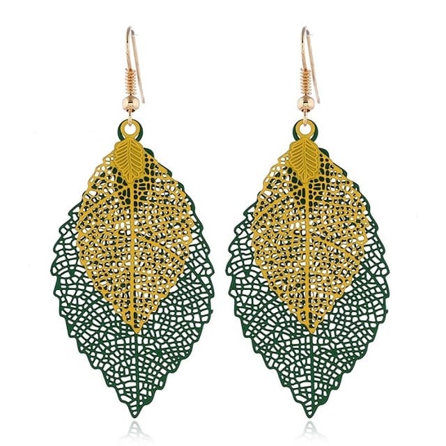 Orecchini a foglia doppia con nappe, semplici e retrò, ornamenti per orecchie in metallo (verde giallo)