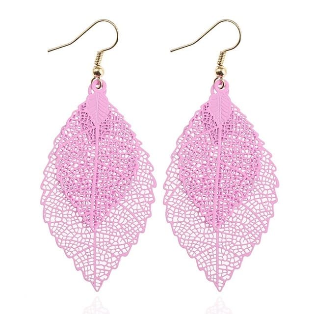 Orecchini a foglia doppia con nappe, semplici e retrò, ornamenti metallici a forma di foglia (Rosa)