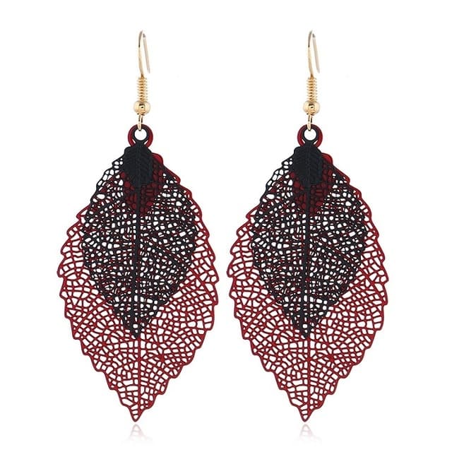 Orecchini a foglia doppia con nappe, semplici retrò, ornamenti per orecchie in metallo (rosso nero)