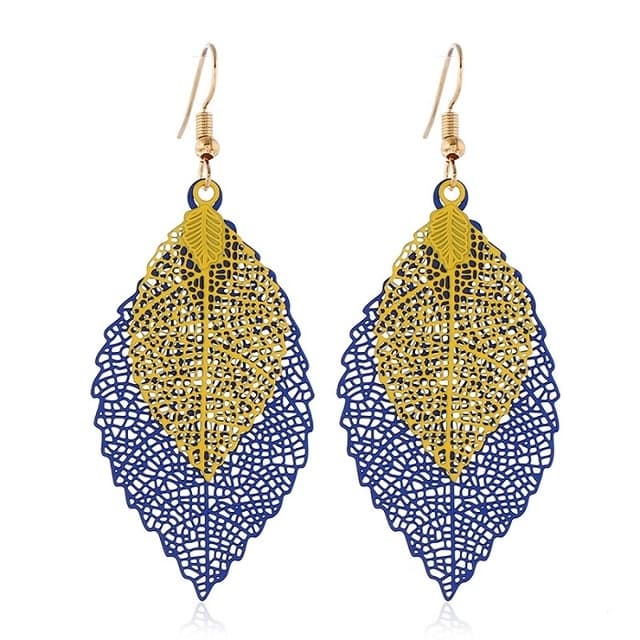Orecchini a foglia doppia con nappe, semplici e retrò, ornamenti metallici a forma di foglia (blu reale e giallo)