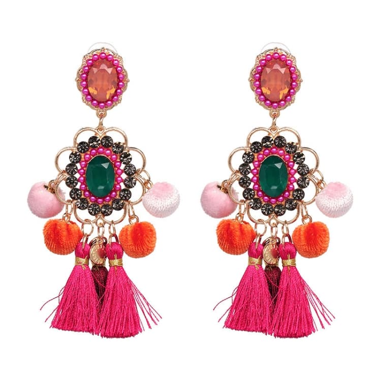 Orecchino a goccia con nappa artigianale, grande orecchino con frange (Rosa)