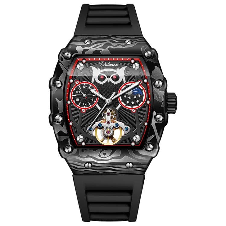 Dulunwe 6039C 30m Waterproof Barrel-shaped Hollow Luminous Automatic Mechanical Watch(Black Red)