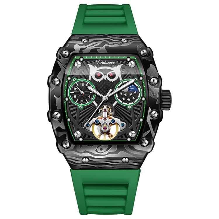 Dulunwe 6039C 30m Waterproof Barrel-shaped Hollow Luminous Automatic Mechanical Watch(Green Strap)