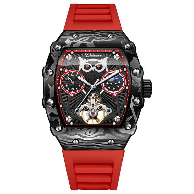 Dulunwe 6039C 30m Waterproof Barrel-shaped Hollow Luminous Automatic Mechanical Watch(Red Strap)