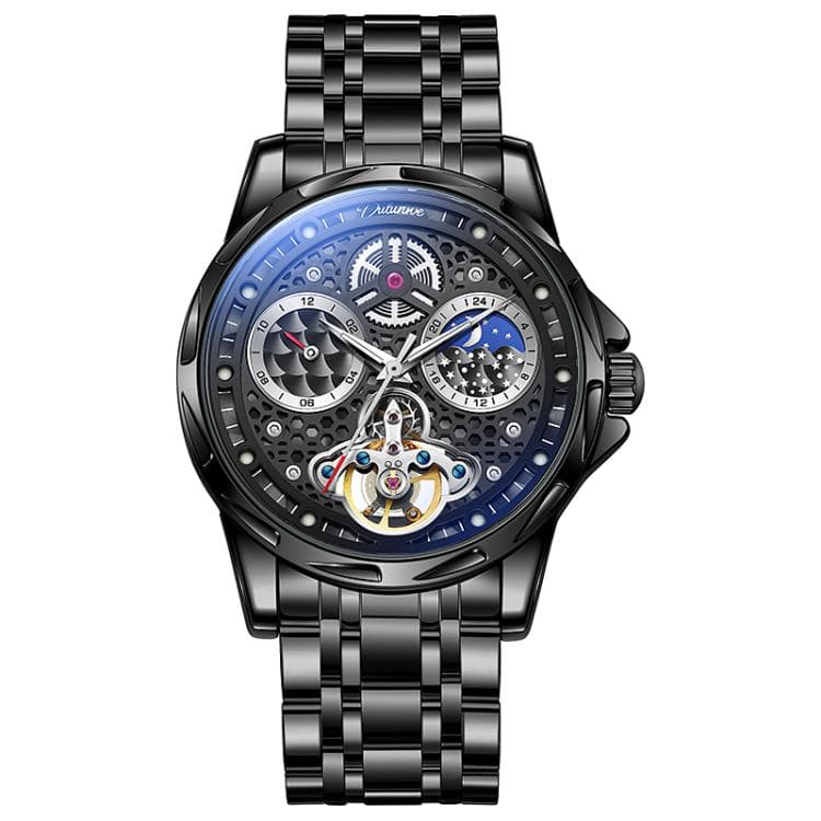 Dulunwe 6060C 30m Waterproof Luminous Automatic Mechanical Watch(Black Steel Strap Black)