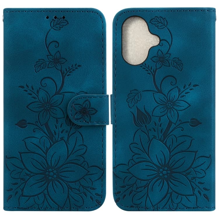 For iPhone 16 Plus Lily Embossed Leather Phone Case(Dark Blue)