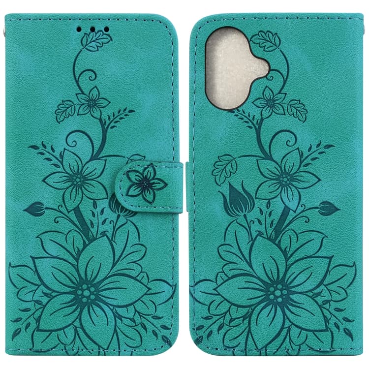 For iPhone 16 Plus Lily Embossed Leather Phone Case(Green)