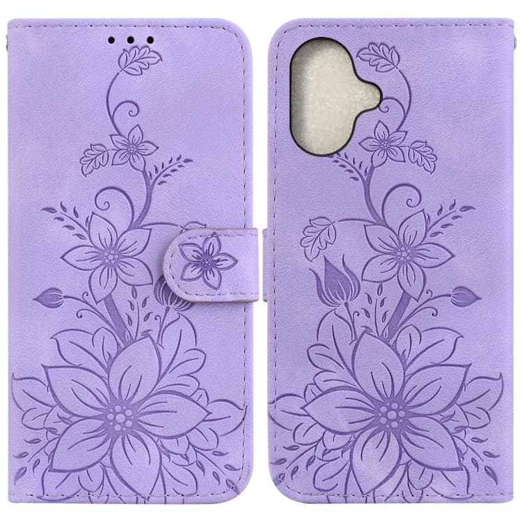 For iPhone 16 Plus Lily Embossed Leather Phone Case(Purple)