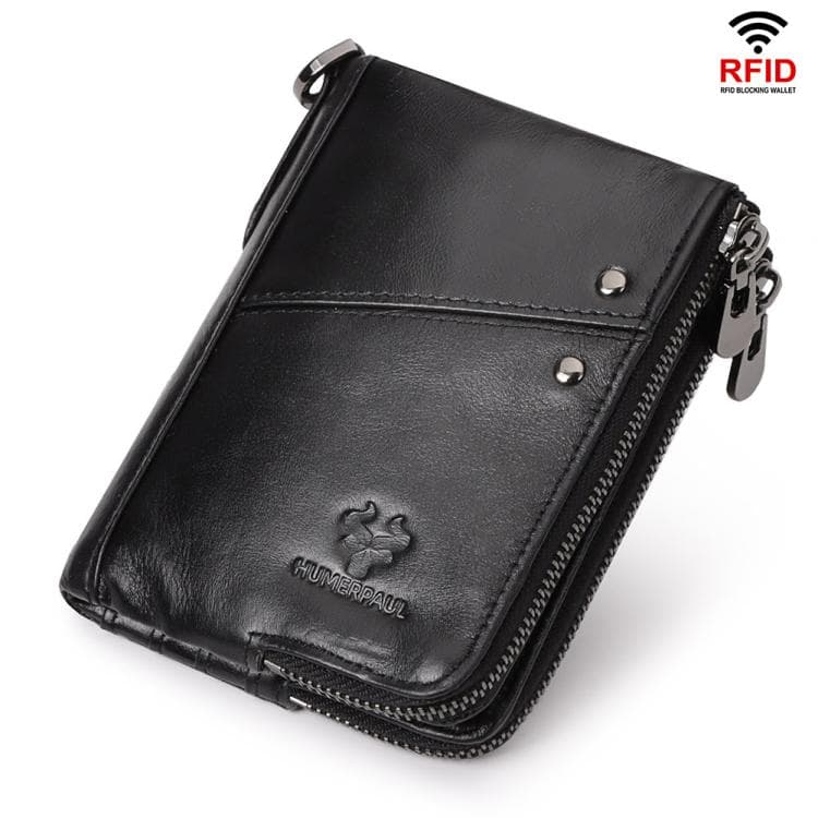 HUMERPAUL BP852 RFID Leather Anti-Theft Wallet Short Double Zipper Wallet(Black)
