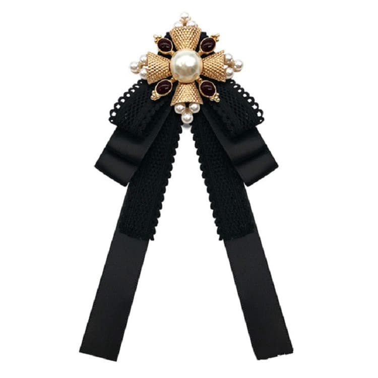 Spilla in tessuto stile court con fiocco a nodo e cravatta, accessori per costumi, versione: fibbia a spilla (nero)