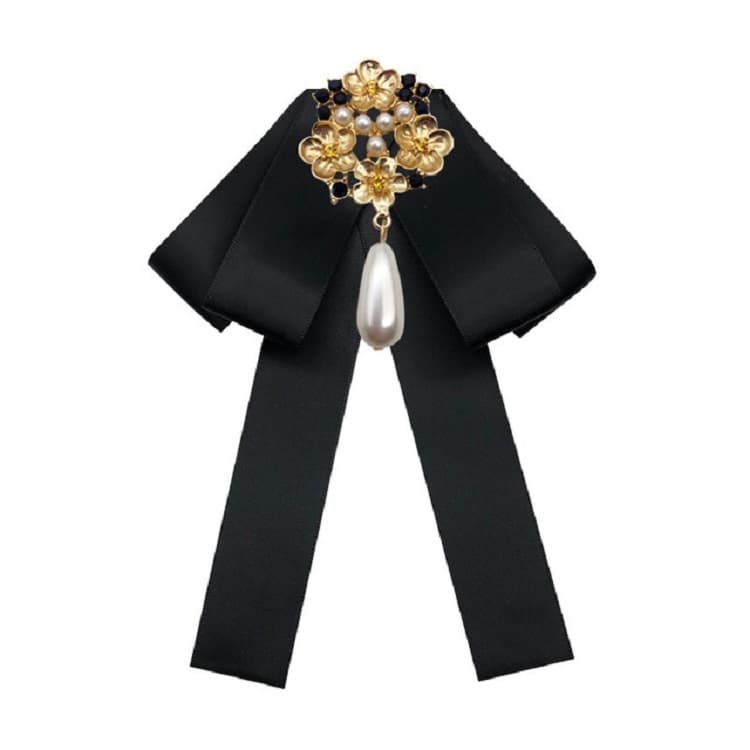Ladies Retro Style Cloth Fabric Pearl Diamond Brooch Bow Tie Bow Clothing Accessories, Style:Pin Buckle Version(Black)
