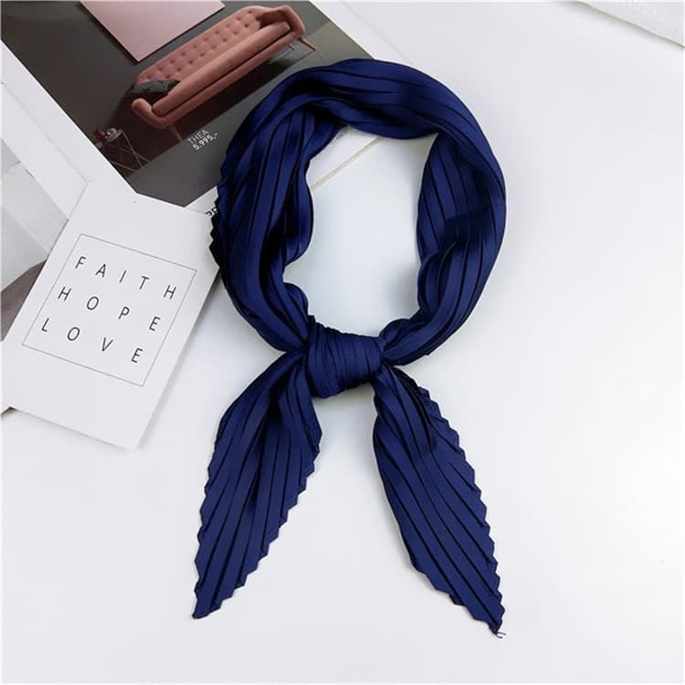 Ladies Retro Style Pleated Diamond Square Scarf Silk Scarf, Length: 70cm(Navy)