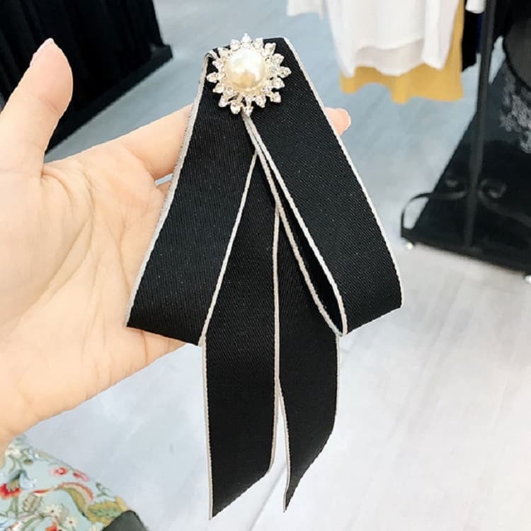 Spilla a fiocco lunga selvaggia con perle e strass per donna, accessorio per abbigliamento (Nero)