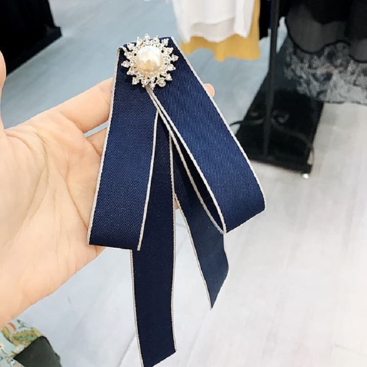 Spilla a fiocco lungo selvaggio con perle e strass per donna, accessorio per abbigliamento (Blu navy)