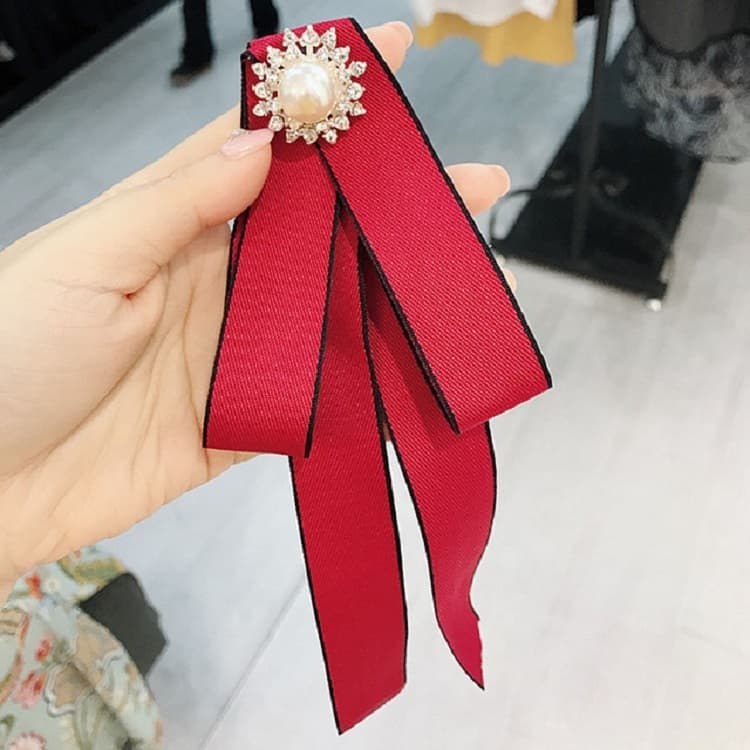 Spilla a fiocco lunga selvaggia con perle e strass per donne, accessorio per abbigliamento (Vino rosso)