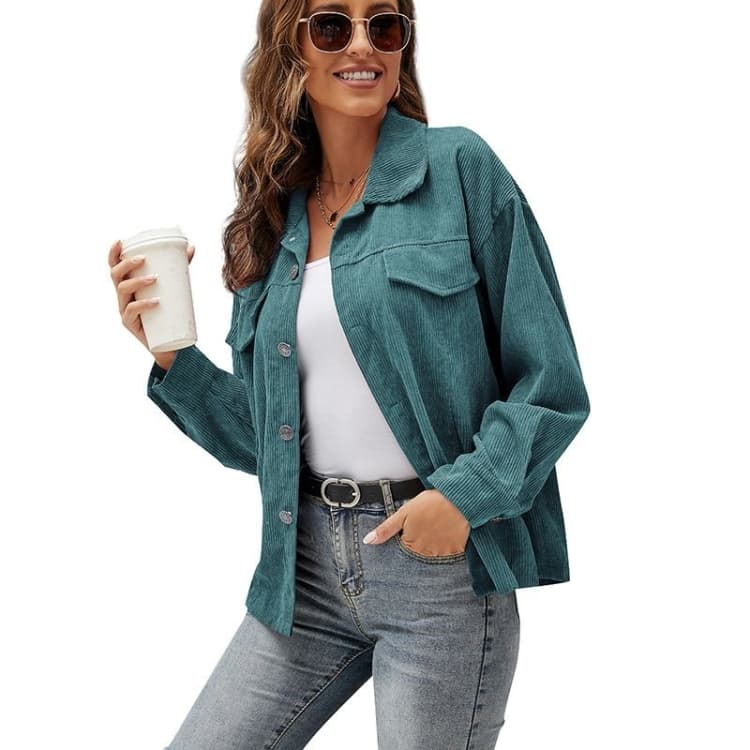 Lapel Long Sleeve Corduroy Jacket Shirt Loose Casual Cardigan Jacket for Ladies