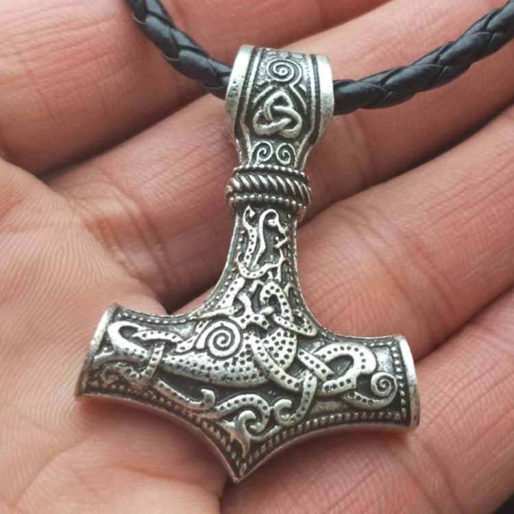 Ciondolo Mjolnir Martello Talismano Protettivo Vichingo Collana (Cordone in Pelle Argento Antico)