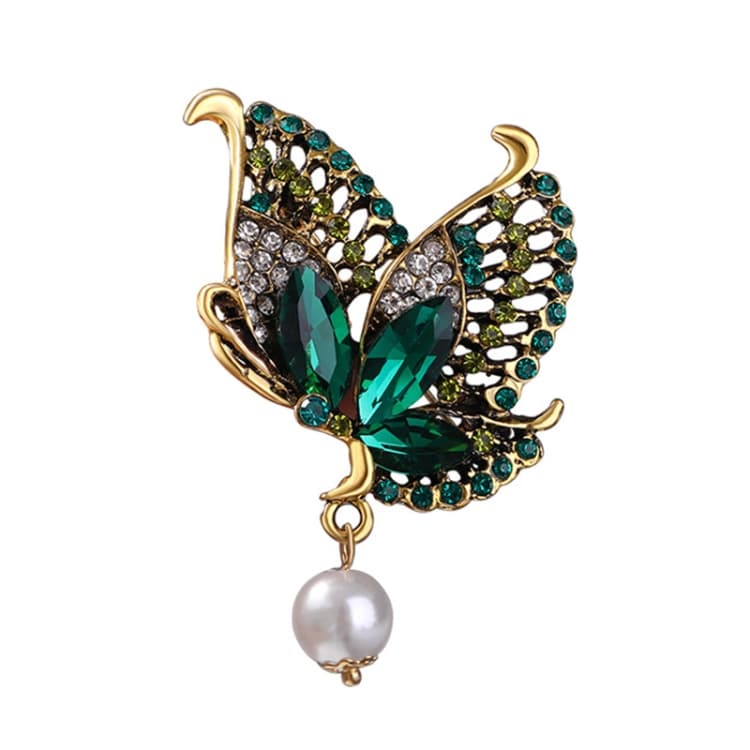 Spilla farfalla retrò colorata con strass, spilla per donna, perla di cristallo, ornamento per abbigliamento (Verde)