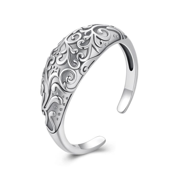 S925 Sterling Silver Oxidized Retro Pattern Open Adjustable Ring(SCR1095-E)