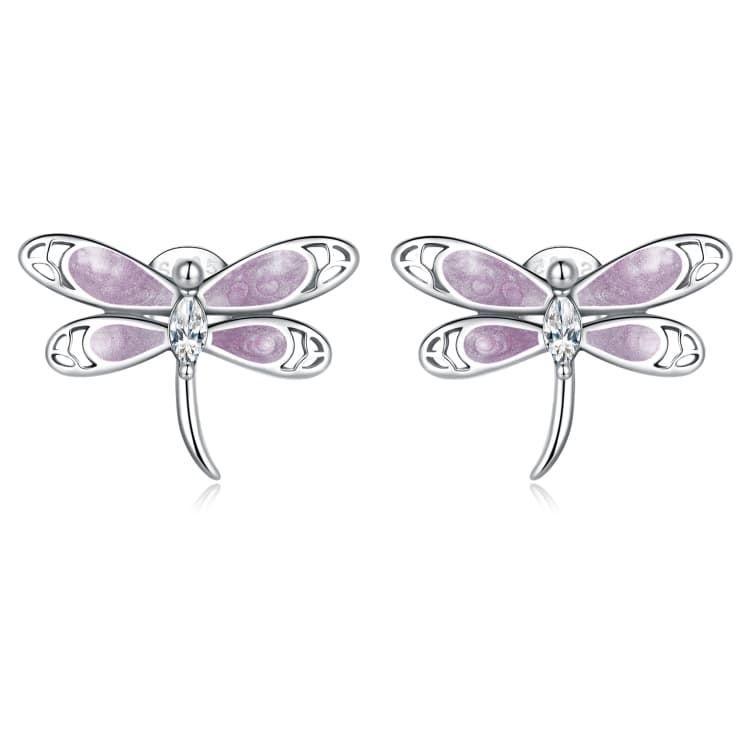 S925 Sterling Silver Pink Dragonfly Ear Stud Women Earrings