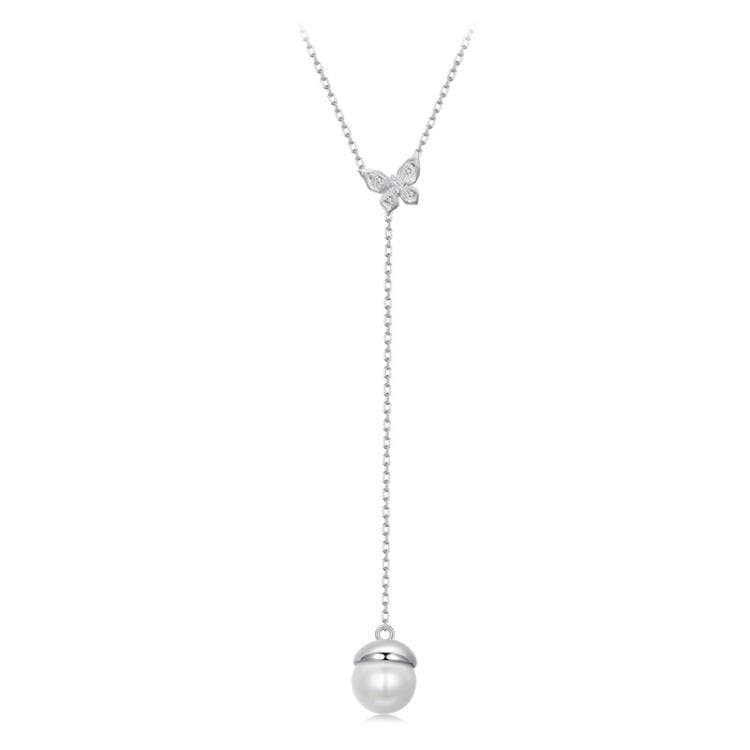 Collana elegante con conchiglie a farfalla e perle in argento sterling S925 placcato platino (BSN415)