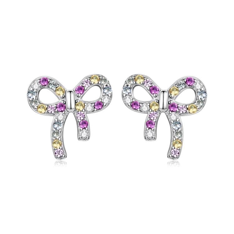 Orecchini a bottone S925 argento sterling dolce fiocco con zirconi colorati (SCE2034)