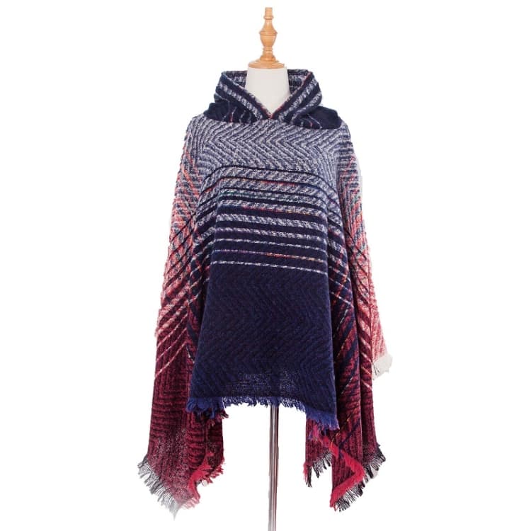 Spring Autumn Winter Checkered Pattern Hooded Cloak Shawl Scarf, Length (CM): 135cm(DP4-03 Navy)