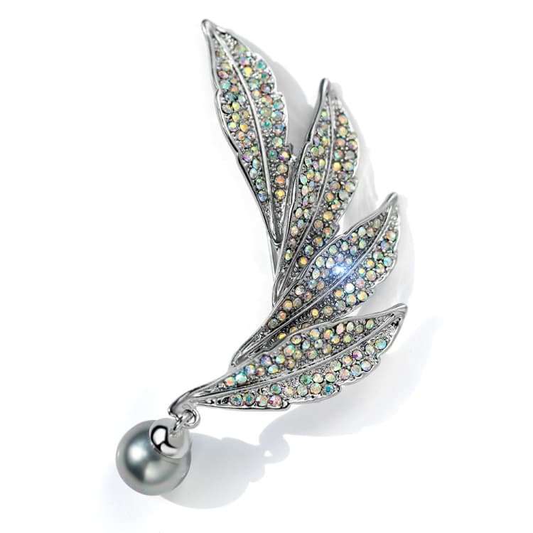 Vintage Style Colorful Crystal Pearl Feather Brooch Silver Pins Brooches(Silver)