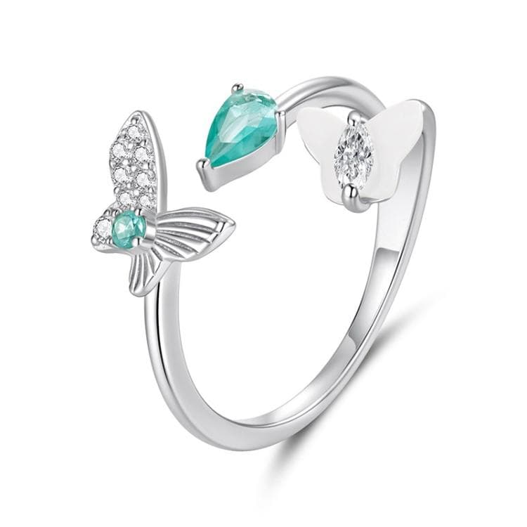White Gold Plated Mother-Of-Pearl And Zircon Butterfly Double-Layer Adjustable Opening Ring(YIR306-E)