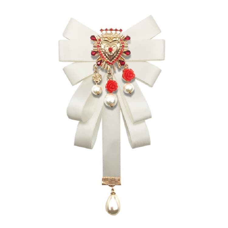 Spilla a fiocco a forma di cuore con diamante e perla per abbigliamento femminile, stile: versione con spilla (bianco)